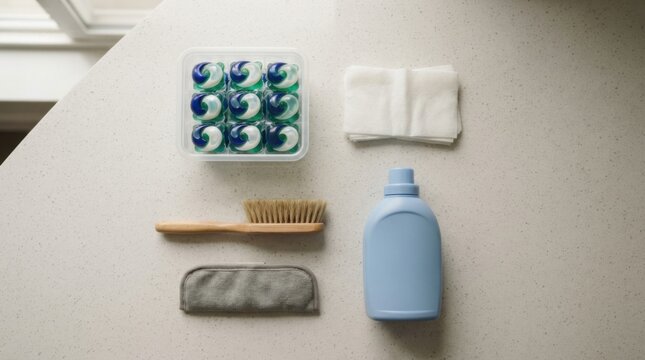 Flatlay of laundry care essentials including detergent pods, dryer sheets, lint brush and fabric softener arranged neatly on a countertop.