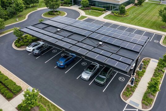 Modern Solar Carport with Electric Vehicles Charging in Parking Lot.