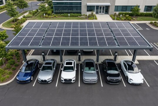 Modern Solar Carport with Electric Vehicles Charging in Parking Lot.