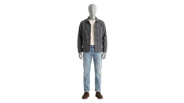 Full-body male mannequin displaying casual men's fashion, stylish gray jacket, light wash denim jeans, and brown loafers, modern apparel for retail and e-commerce.