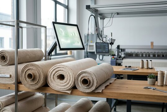 Modern textile manufacturing facility with rolls of fabric and advanced machinery.