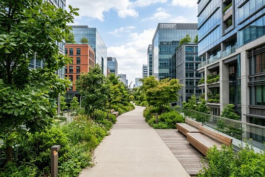 Modern Urban Green Space with Lush Vegetation and Contemporary Architecture.