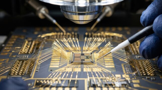 Technician aligning chiplet onto substrate under microscope with fine gold bonding wires visible in semiconductor cleanroom