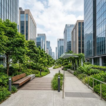 Modern Urban Green Space with Sleek Office Buildings and Lush Landscaping.
