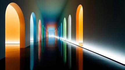 Fototapeta premium Long modern corridor with colorful arched doorways. Bright lights glow through orange blue, green arches in symmetric hallway. Shiny wet floor shows rainbow reflections. Abstract geometric