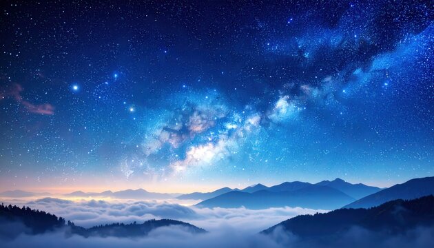 Astronomy and space exploration milky way galaxy over mountain peaks with sea of clouds at night cosmic wonder and infinite universe discovery