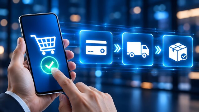Hand Holding Smartphone With Holographic E-Commerce Icons Displaying Online Shopping Process From Cart To Payment And Final Package Delivery Tracking