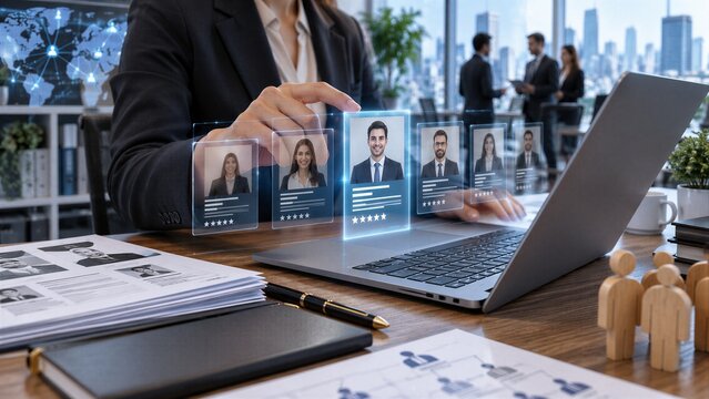 Human Resource Technology: HR professional reviews resumes and job applications online for efficient employee recruitment.