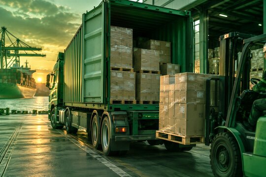 Freight truck with open container loaded with cardboard boxes at a busy warehouse loading dock during a vibrant sunset, symbolizing global logistics and efficient shipping.