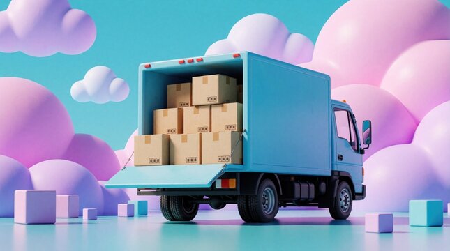 Blue delivery truck with open back contains many cardboard boxes. Cargo van carries parcels for courier service in warehouse logistics. 3D cartoon style illustration shows shipping transport, moving