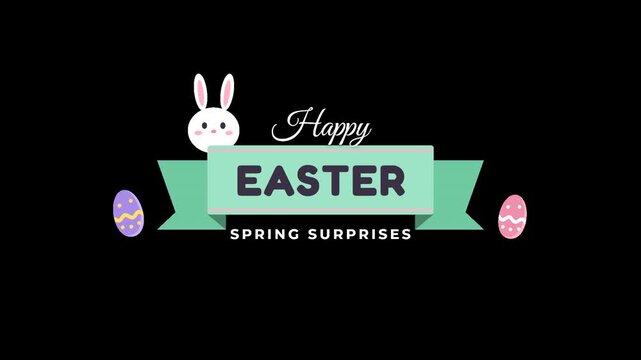 Happy Easter Spring Surprises animated video clip with bunny and eggs on alpha channel