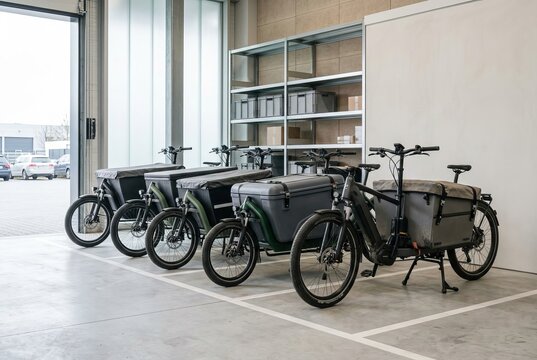 Row of Cargo Electric Bikes Parked Indoors.