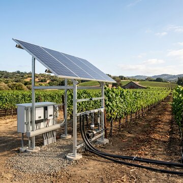 Solar Powered Irrigation System Enhancing Vineyard Growth Under Blue Sky.