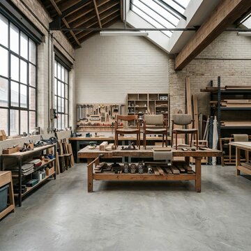 Spacious Woodworking Workshop with Natural Light and Tools.