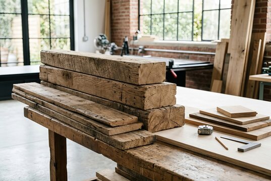 Stack of Rough Lumber and Woodworking Tools on a Workbench.