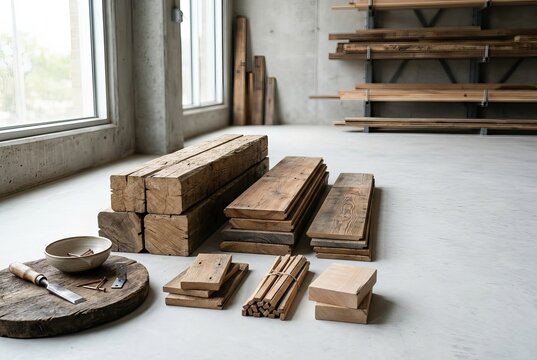 Stack of rough lumber and wood planks in a workshop setting.