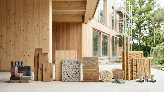 Sustainable Building Materials Displayed Outside Modern Wooden Structure.