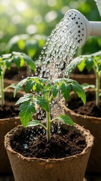 Person waters young tomato seedlings in coco peat pots. Fresh water drops fall on green leaves in sunny garden. Small organic plant grows in dark soil during spring. Gardening hobbyist nurtures
