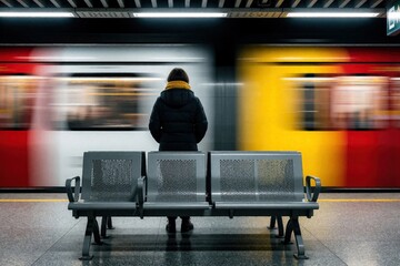 Fototapeta premium Fast subway train moves through dark metro station with motion blur. Lonely person stands near empty metal bench on platform waiting for transport. Urban underground railway transit system at night
