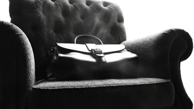 Black and white shot of a classic leather satchel bag on a tufted armchair with a bright background.