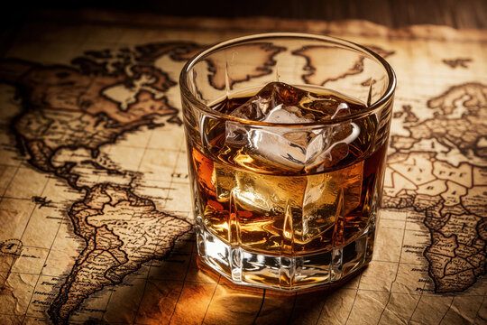 Glass of whiskey with ice cubes sits on vintage world map. Old paper atlas background with dark brown spirit. Concept of travel, exploration, luxury lifestyle. Classic alcoholic drink for men during