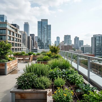 Urban Rooftop Garden Oasis with City Skyline Views.