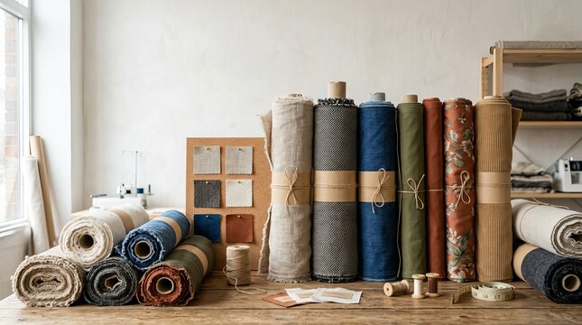 Variety of Rolled Carpets and Fabrics Displayed in a Workshop Setting.