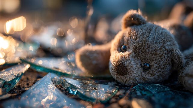 Sad Teddy Bear on Broken Glass, Evoking Loss and Despair