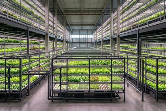Vertical Indoor Farming System with Rows of Green Plants Under Artificial Lights.