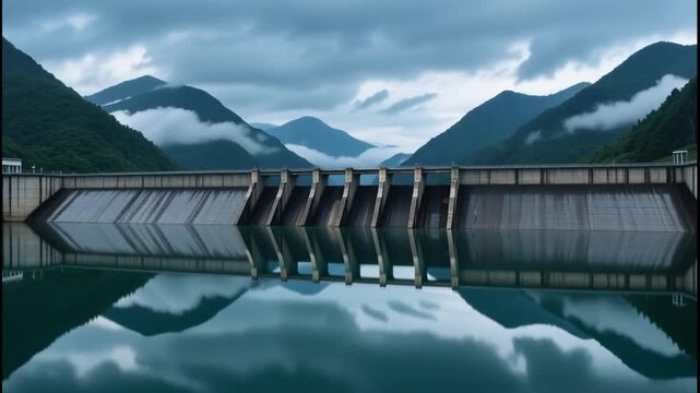 Large concrete dam spanning a calm reservoir with mountainous backdrop and cloud reflections
