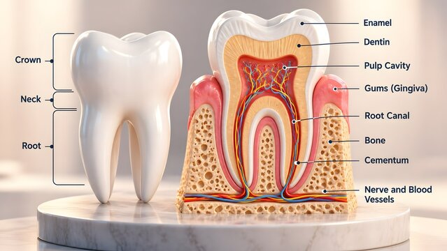 Detailed anatomical cross section of a human tooth showing internal structure nerves blood vessels enamel dentin pulp cavity and root canal with labels.
