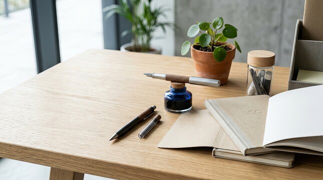 Vintage Calligraphy Set and Notebook on a Wooden Desk.