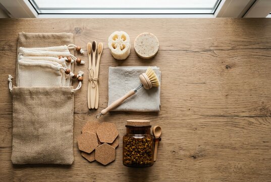 Zero Waste Bathroom Essentials Laid Out on Wooden Surface.