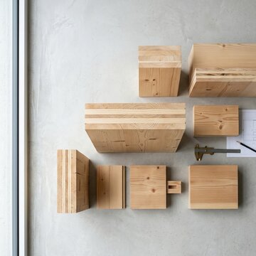 Abstract wooden blocks arranged on a textured wall.