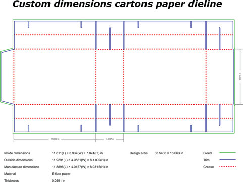 Die cut box template with technical specifications, showing trim, bleed, and crease lines for e-flute paper packaging manufacturing