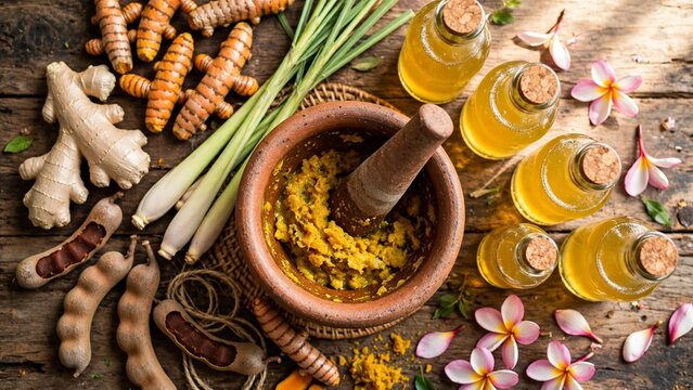 Traditional Indonesian jamu herbal medicine ingredients on wooden table