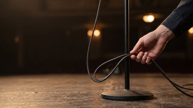 Audio Technician Checking Cable Slack at Microphone Stand