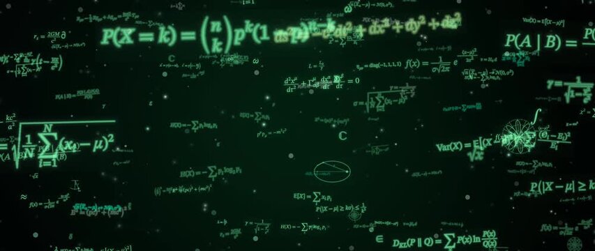Mathematical equations and physics formulas drift through a glowing green abstract space