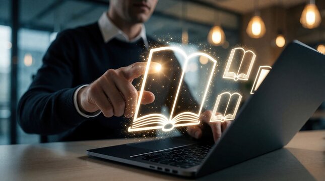 Businessman touches glowing digital book icons on laptop screen in modern office. Male pro uses virtual interface for online e-learning, research. Man explores electronic library educational tech