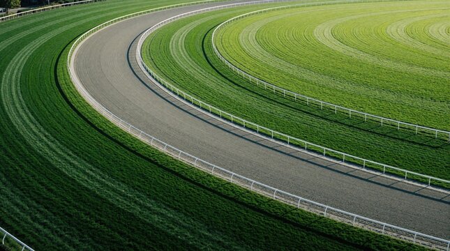 Aerial view of empty horse racing track with green grass, dirt path. Circular turf course with white metal fence. Sports stadium layout for equestrian competition, betting, thoroughbred racing events