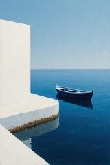 Fototapeta premium Minimalist illustration of blue boat floating on calm sea water. White concrete pier, building stand against clear sky. Peaceful Mediterranean coast landscape with simple architecture, ocean view.