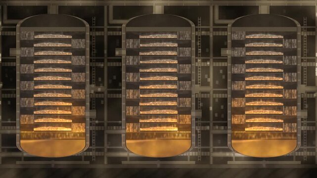 Distillation column cutaway with sieve trays, bubbling froth layers and downcomer liquid cascade, seamless loop in soft naphtha tones