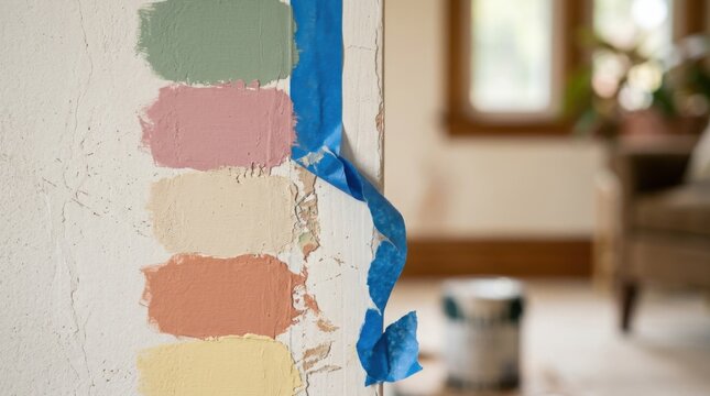 Mismatched paint swatches on a wall next to a half peeled painter's tape line showing a botched diy home renovation touch up