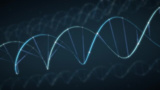 Rotating DNA Double Helix with Glowing Strands and Base Pairs seamless loop in cool cyan tones