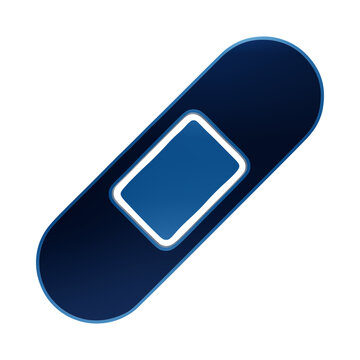 Blue glossy adhesive bandage strip icon rendered in a 3D medical style, first aid plaster symbol isolated on a transparent background