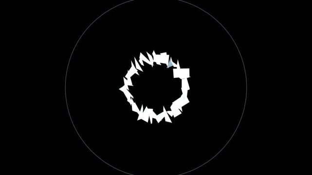 Abstract white geometric particles forming a shrinking circle on black background, motion graphics loop