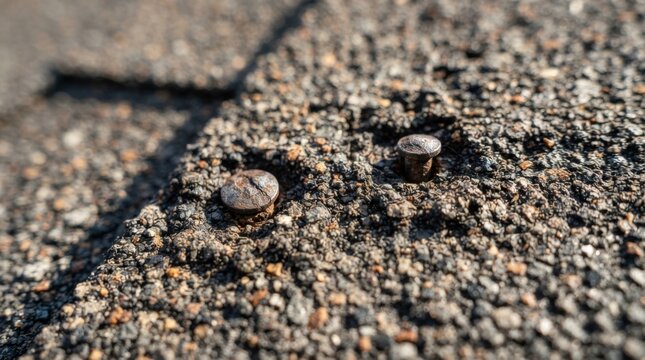 Macro texture of granulated asphalt shingle surface with embedded nail heads, highlighting roofing material and construction detail.