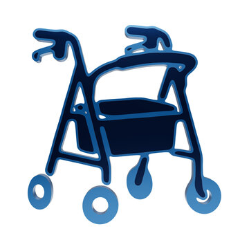 Blue rolling walker icon with wheels and basket for elderly mobility support and physical therapy aid isolated on a transparent background