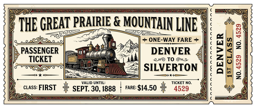 Vintage Train Ticket Illustration with Steam Locomotive and Mountains