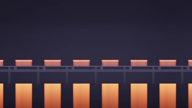 Walking beam conveyor lifting and advancing slab rows in rhythmic transfer cycles seamless loop in deep midnight tones